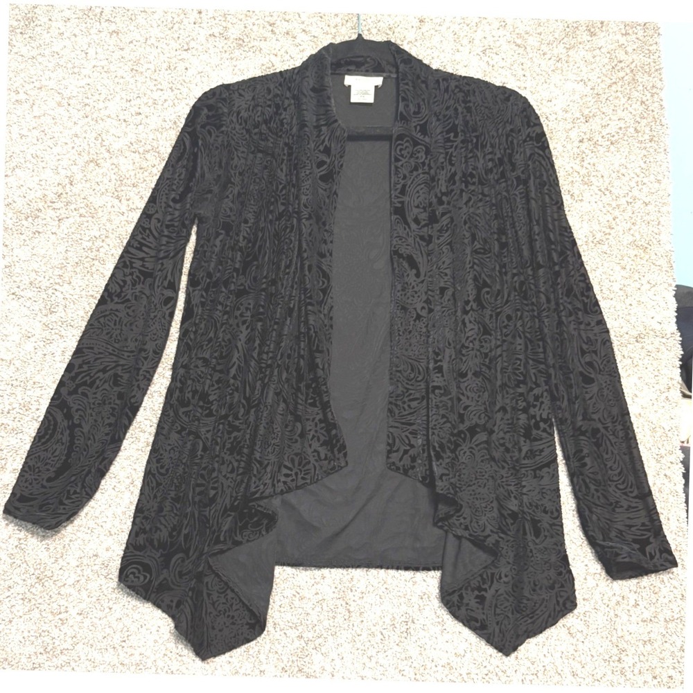 Kate Hill Cardigan Women PS Black Paisley Burnout Velvet Open Front Petite